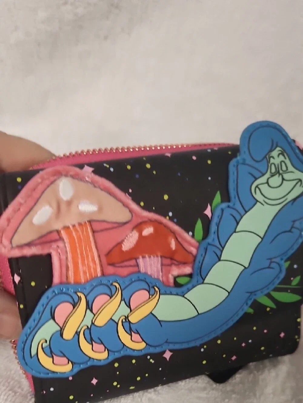 Loungefly Alice In Wonderland Wallet with Blue Caterpillar Pink Mushrooms Patch